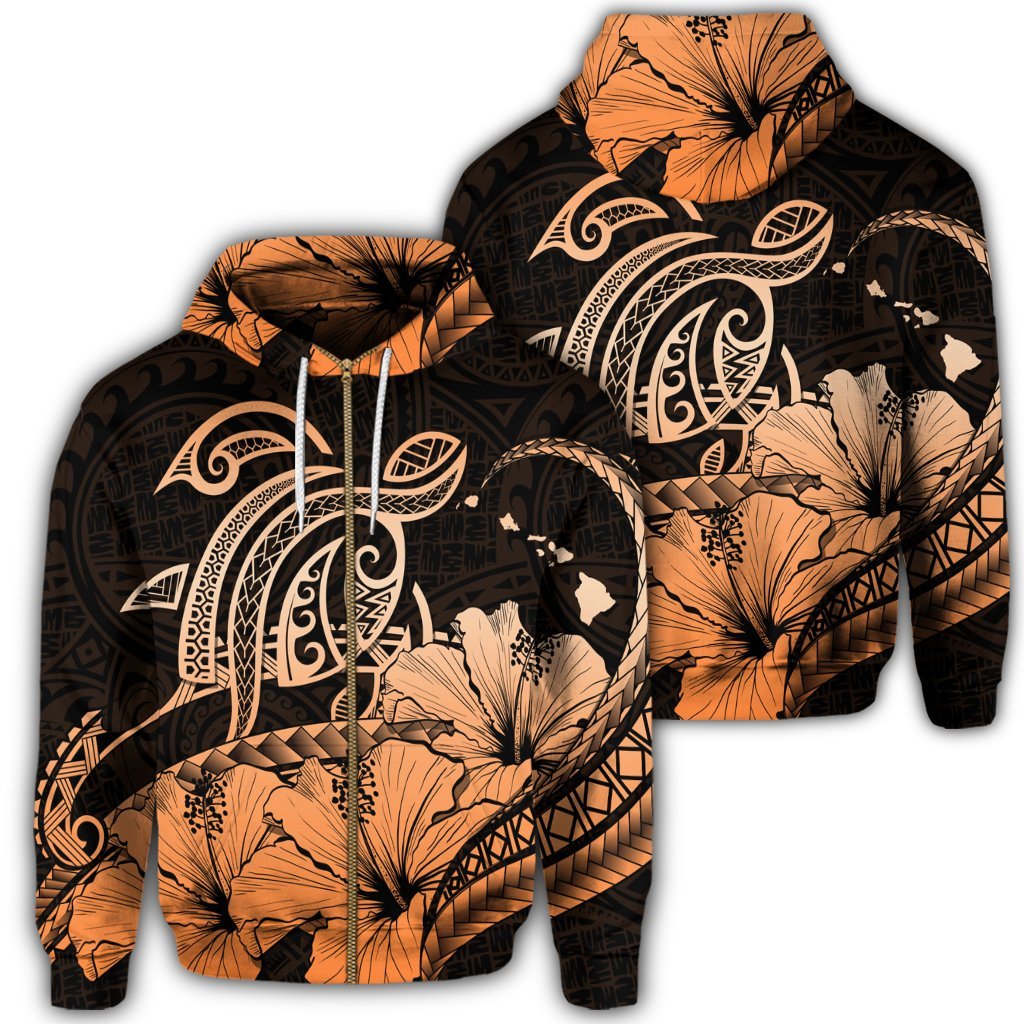 Hawaii Turtle Map Polynesian Zip Hoodie Safety Orange Unisex Art - Polynesian Pride