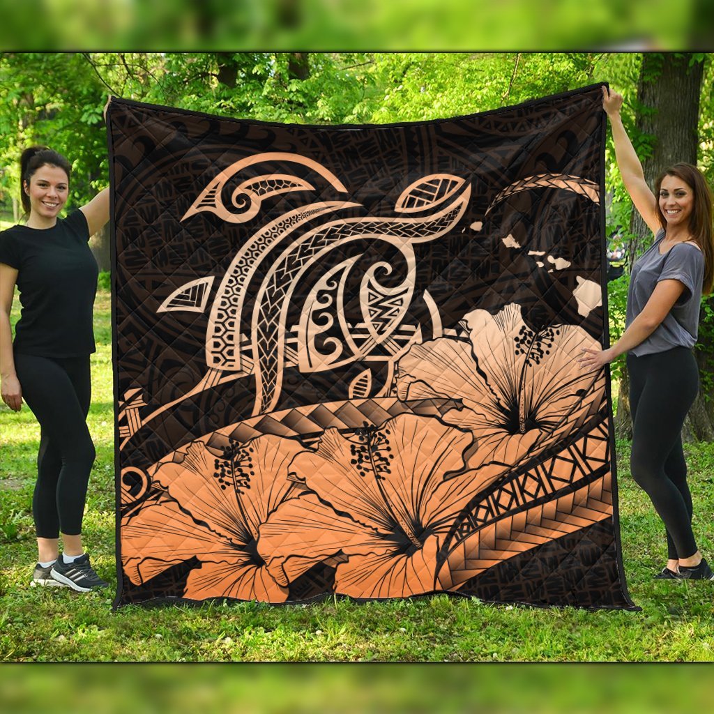 Hawaii Turtle Map Polynesian Premium Quilts Safety Orange - AH Black - Polynesian Pride