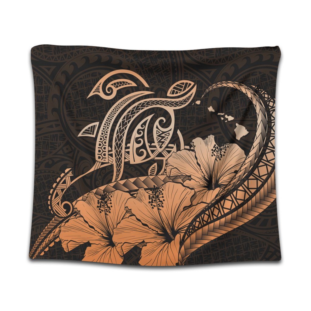 Hawaii Turtle Map Polynesian Tapestry Safety Orange - AH Wall Tapestry Black - Polynesian Pride
