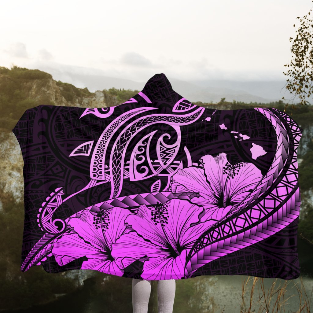 Hawaii Turtle Map Polynesian Hooded Blanket Safety Pink - AH - Polynesian Pride