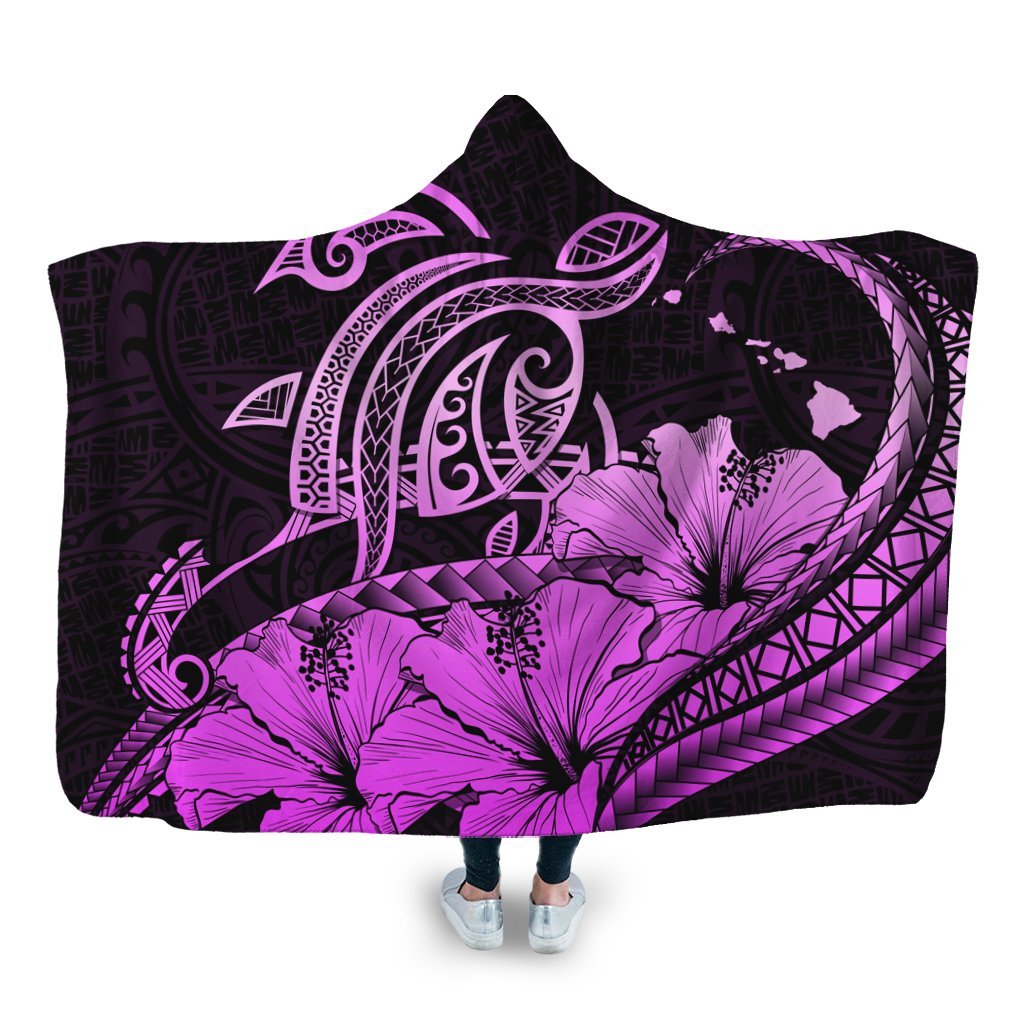 Hawaii Turtle Map Polynesian Hooded Blanket Safety Pink - AH Hooded Blanket White - Polynesian Pride