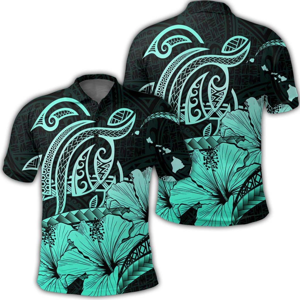 Hawaii Turtle Map Polynesian Polo Shirt Safety Turquoise Unisex Black - Polynesian Pride