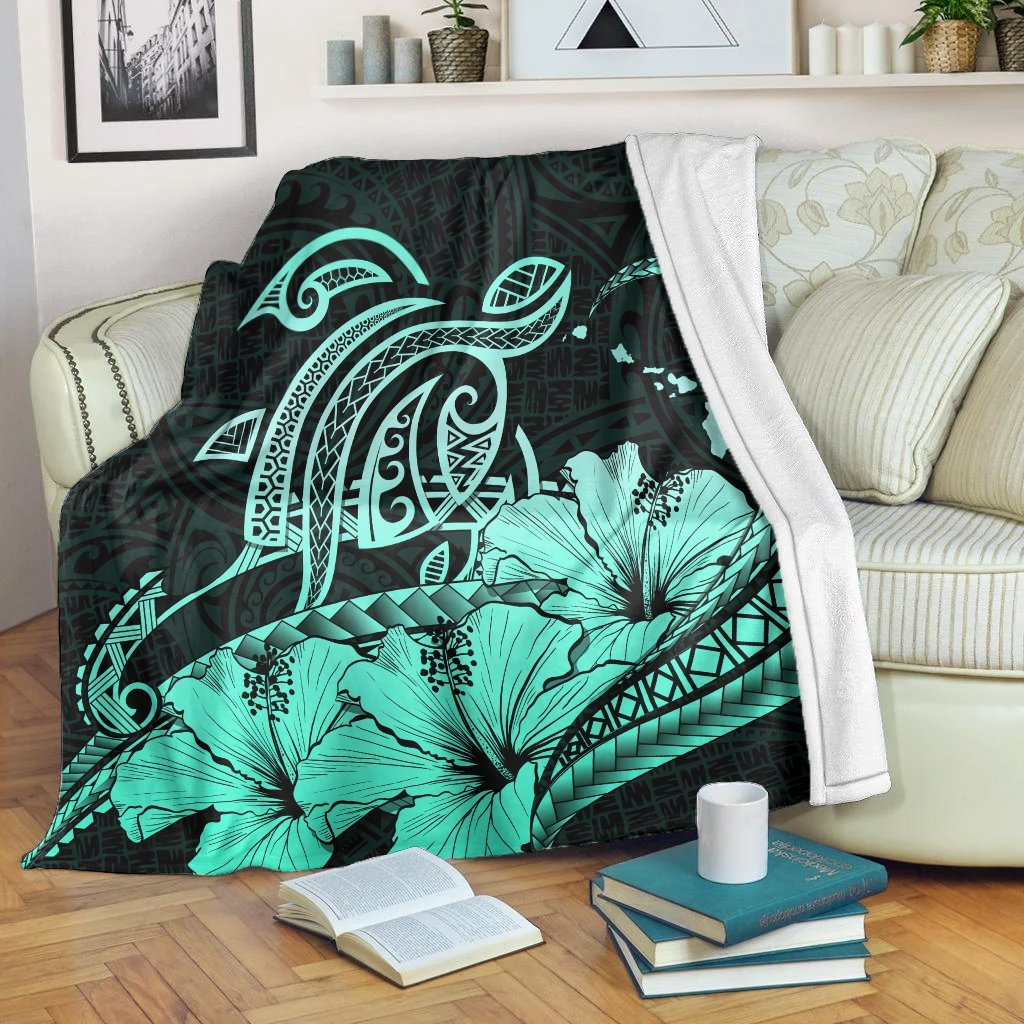 Hawaii Turtle Map Polynesian Premium Blankets Safety Turquoise - AH White - Polynesian Pride