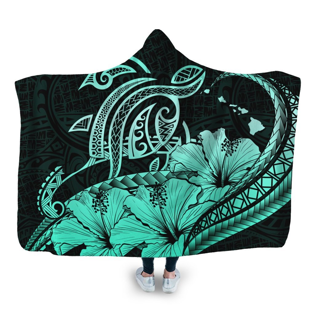 Hawaii Turtle Map Polynesian Hooded Blanket Safety Turquoise - AH Hooded Blanket White - Polynesian Pride