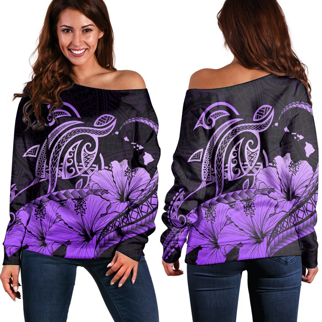 Hawaii Turtle Map Polynesian Women's Off Shoulder Sweater Safety Violet 2 - AH Black - Polynesian Pride