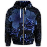 Hawaii Turtle Ohana Hibiscus Poly Zip Hoodie Blue - Polynesian Pride