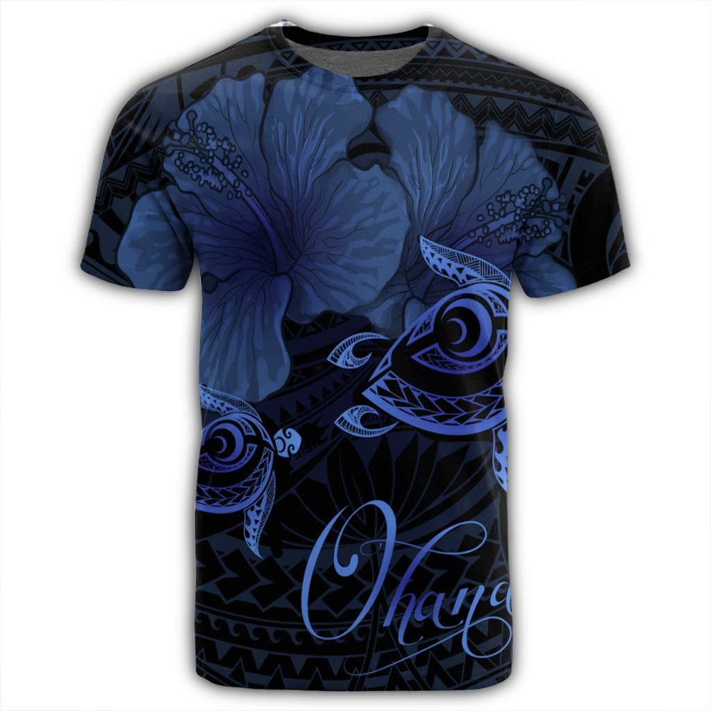 Hawaii Turtle Ohana Hibiscus Poly T Shirt Blue - Polynesian Pride