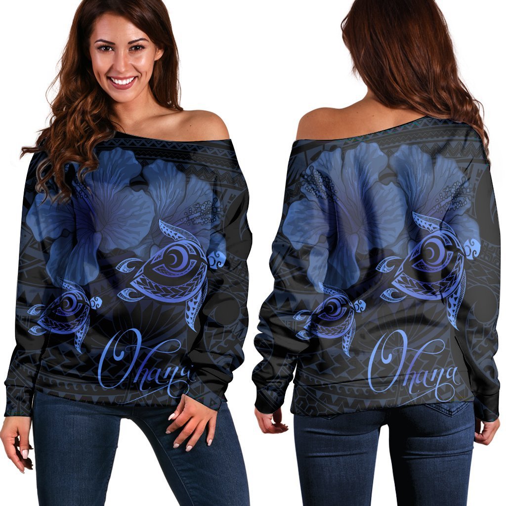 Hawaii Turtle Ohana Hibiscus Poly Women's Off Shoulder Sweater - Blue - AH Black - Polynesian Pride