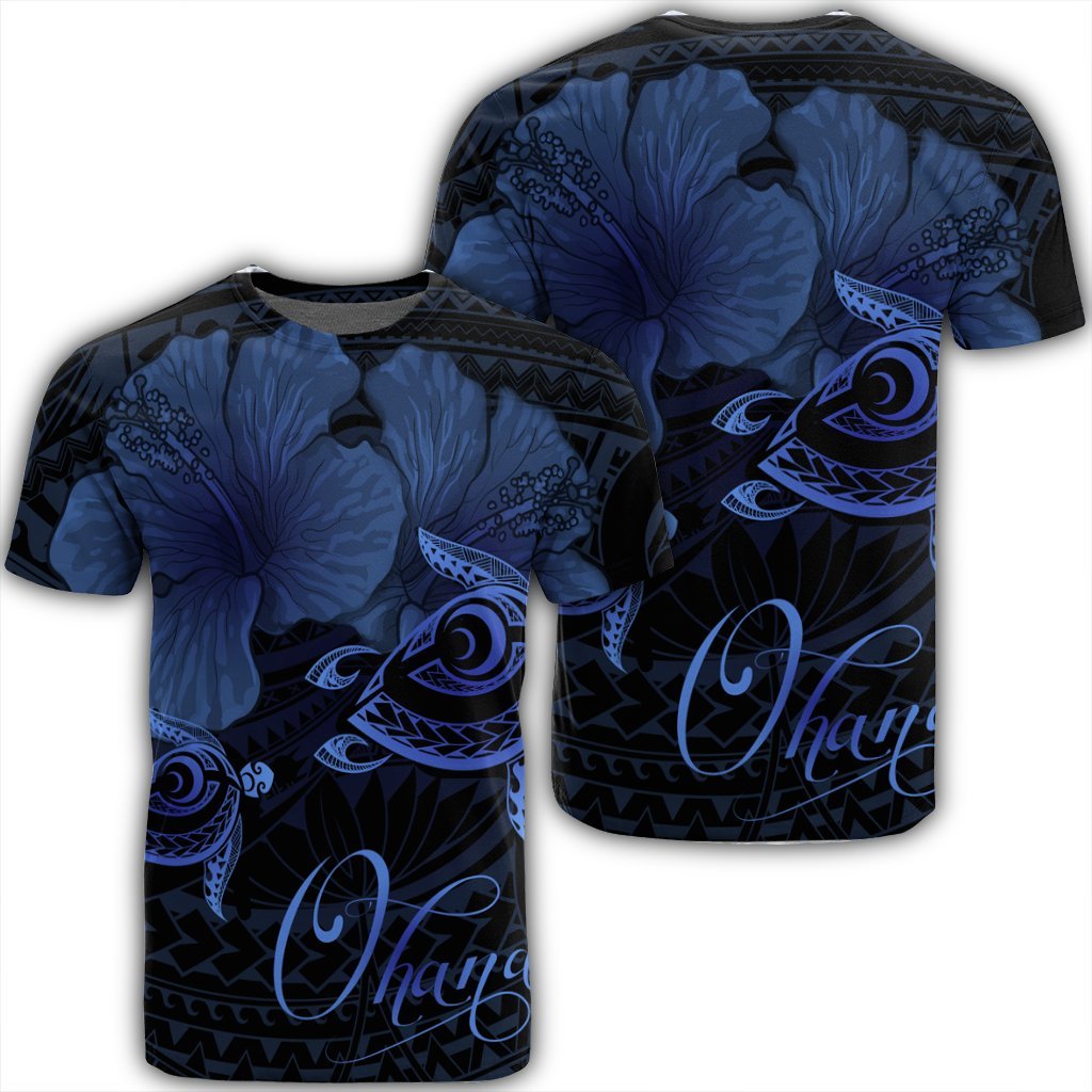 Hawaii Turtle Ohana Hibiscus Poly T Shirt Blue Unisex Black - Polynesian Pride