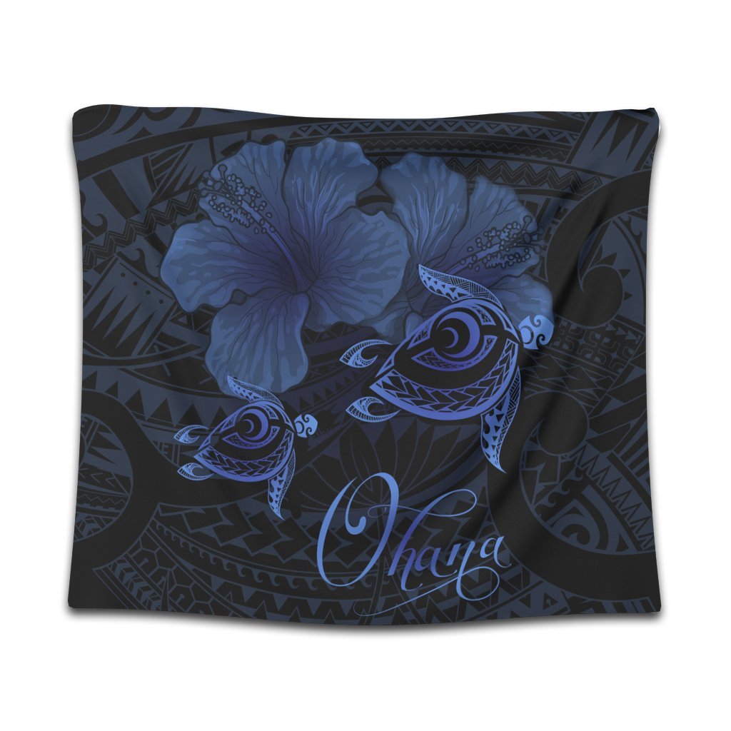 Hawaii Turtle Ohana Hibiscus Poly Tapestry - Blue - AH Wall Tapestry Black - Polynesian Pride