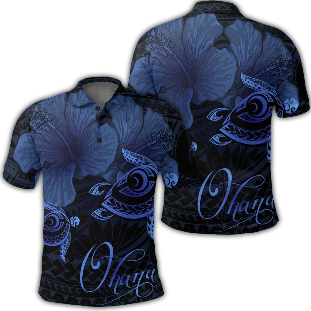 Hawaii Turtle Ohana Hibiscus Poly Polo Shirt Blue Unisex Black - Polynesian Pride