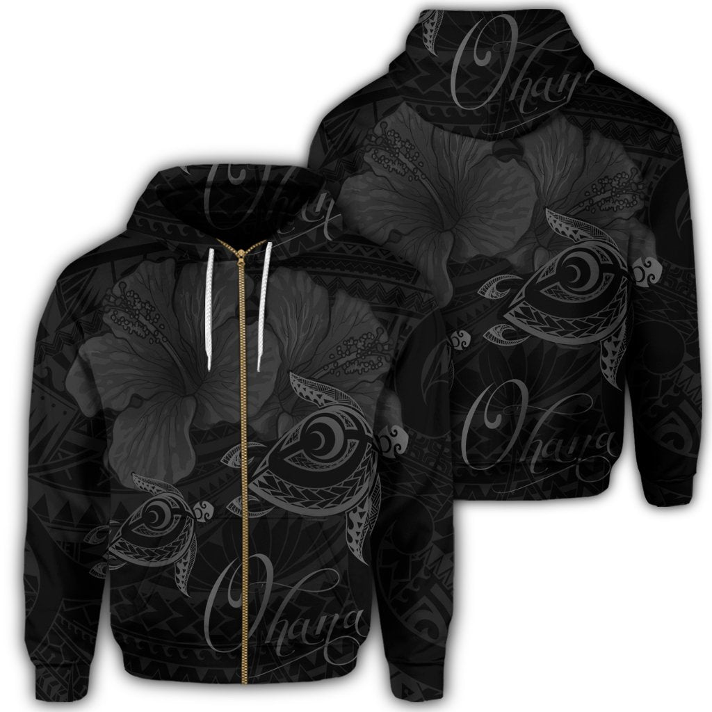 Hawaii Turtle Ohana Hibiscus Poly Zip Hoodie Gray Unisex Art - Polynesian Pride