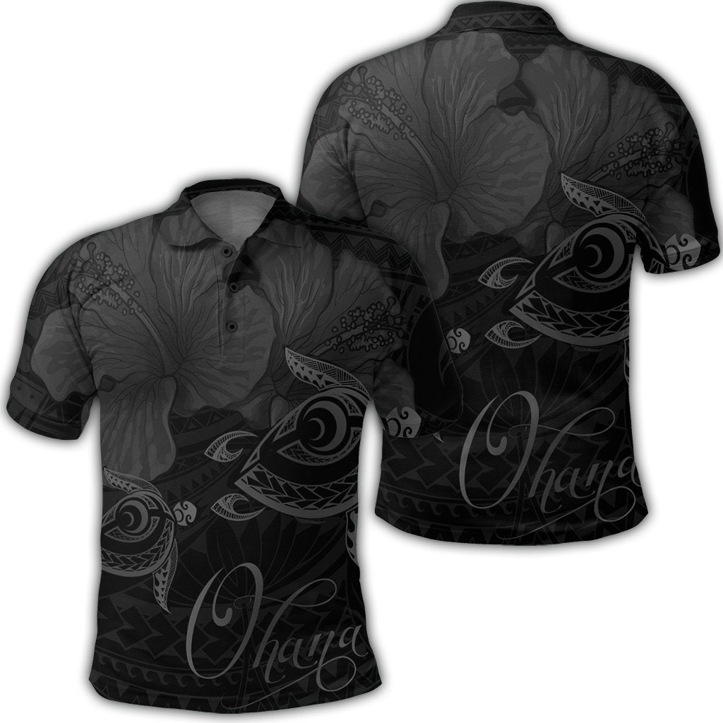 Hawaii Turtle Ohana Hibiscus Poly Polo Shirt Gray Unisex Black - Polynesian Pride