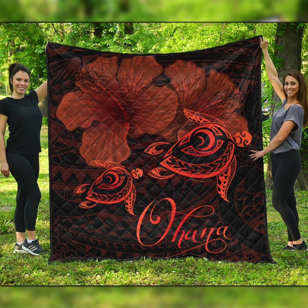 Hawaii Turtle Ohana Hibiscus Poly Premium Quilts - Orange - AH Black - Polynesian Pride