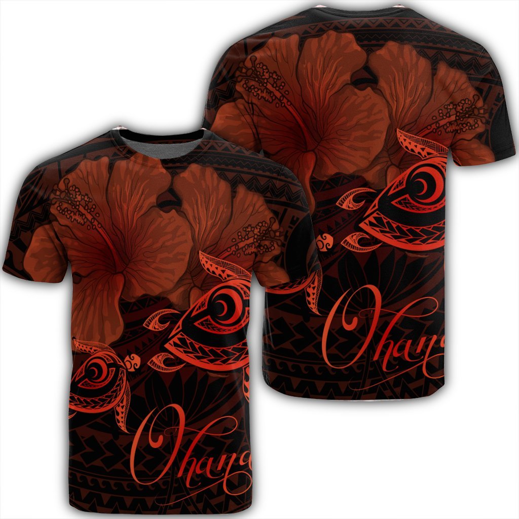 Hawaii Turtle Ohana Hibiscus Poly T Shirt Orange Unisex Black - Polynesian Pride