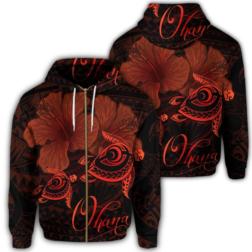 Hawaii Turtle Ohana Hibiscus Poly Zip Hoodie Orange Unisex Art - Polynesian Pride