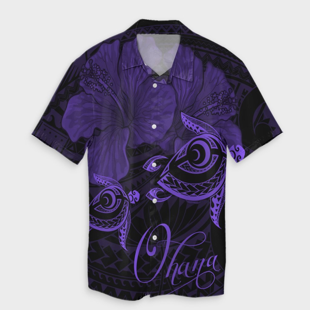 Hawaii Turtle Ohana Hibiscus Poly Hawaiian Shirt - Purple - AH Unisex Black - Polynesian Pride