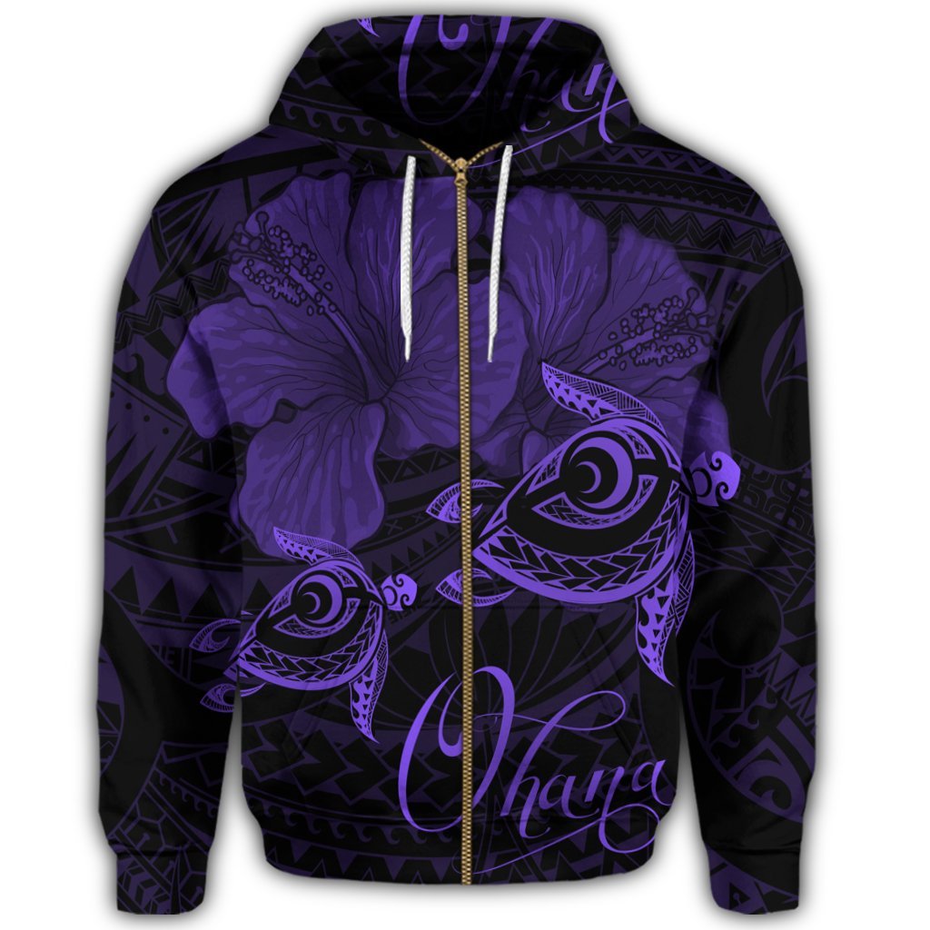 Hawaii Turtle Ohana Hibiscus Poly Zip Hoodie Purple - Polynesian Pride