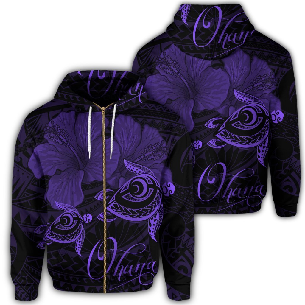Hawaii Turtle Ohana Hibiscus Poly Zip Hoodie Purple Unisex Art - Polynesian Pride