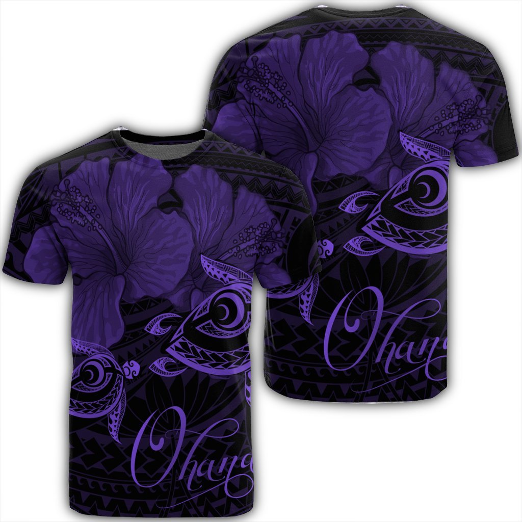 Hawaii Turtle Ohana Hibiscus Poly T Shirt Purple Unisex Black - Polynesian Pride