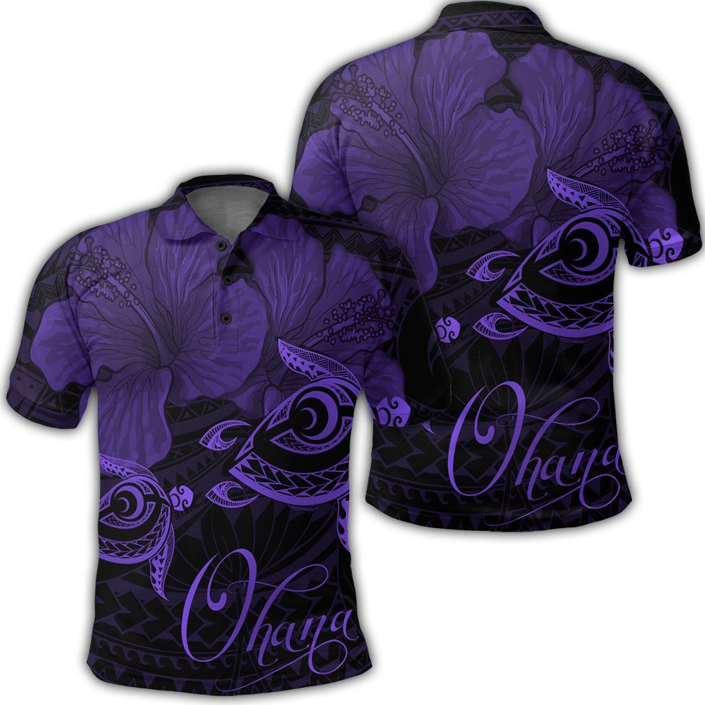 Hawaii Turtle Ohana Hibiscus Poly Polo Shirt Purple Unisex Black - Polynesian Pride