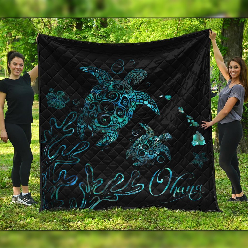 Hawaii Turtle Ohana Paua Shell Premium Quilts - AH Black - Polynesian Pride