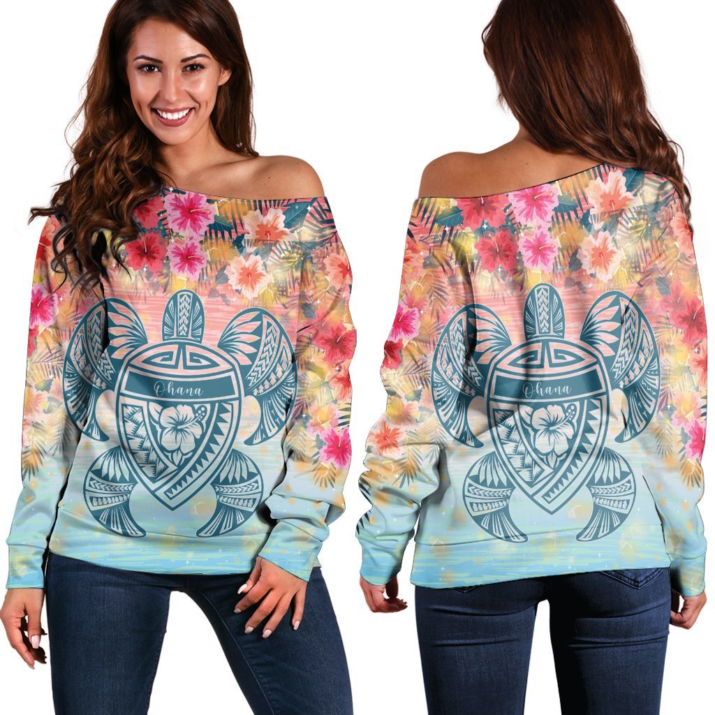 Hawaii Turtle Ohana Stary Night Hibiscus Women's Off Shoulder Sweater - AH Black - Polynesian Pride