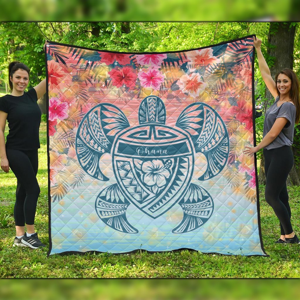 Hawaii Turtle Ohana Stary Night Hibiscus Premium Quilts - AH Black - Polynesian Pride