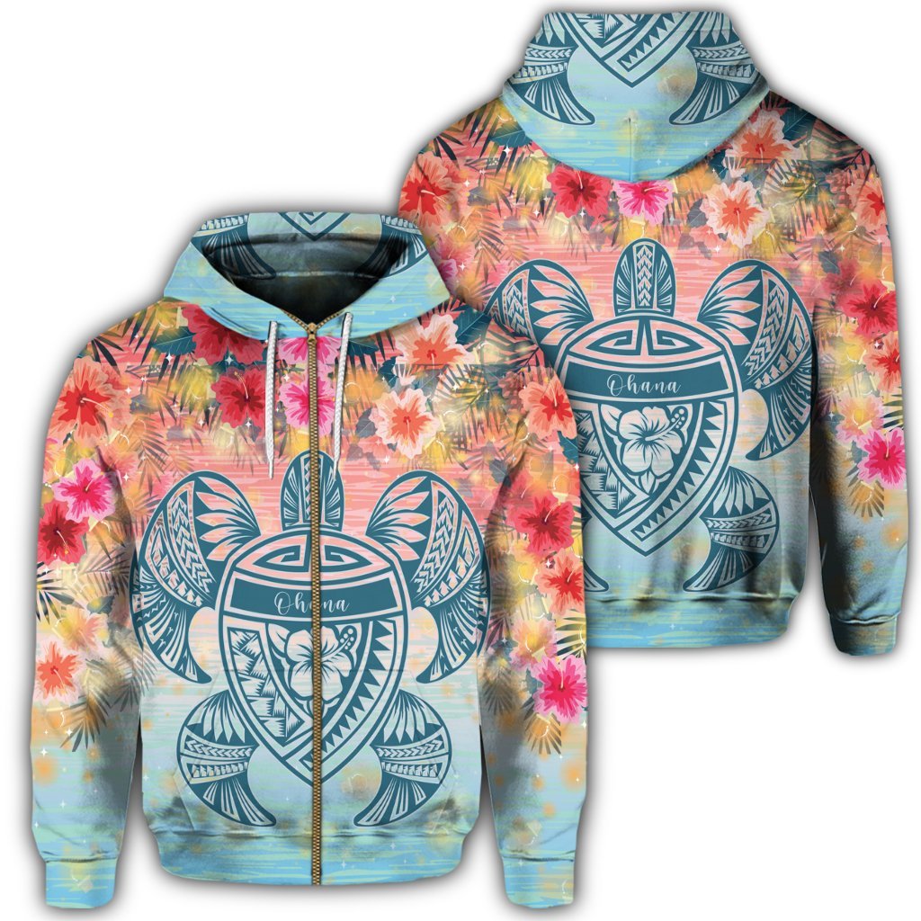 Hawaii Turtle Ohana Stary Night Hibiscus Zip Hoodie Unisex Art - Polynesian Pride
