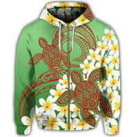 Hawaii Turtle Plumeria Zip Hoodie Green Style - Polynesian Pride