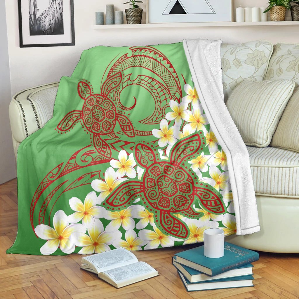 Hawaii Turtle Plumeria Premium Blankets - Green Style - AH White - Polynesian Pride