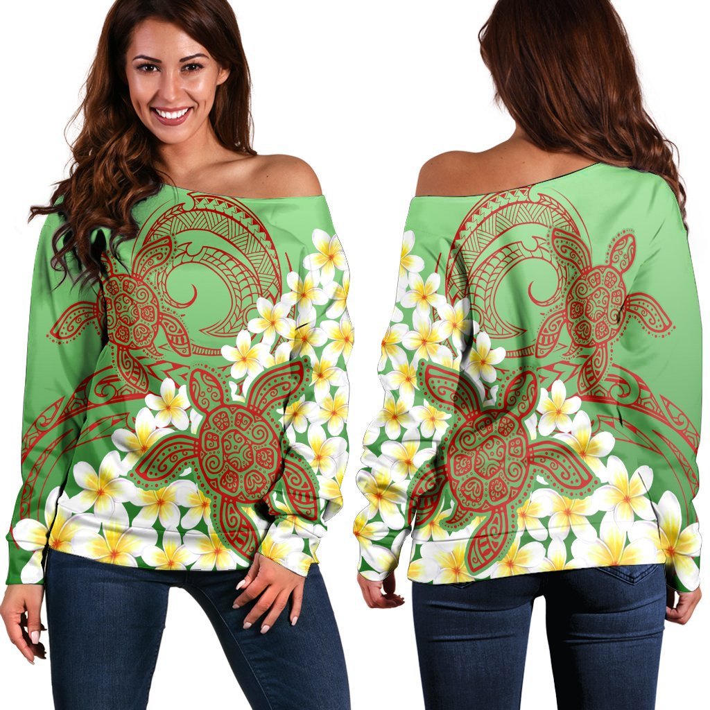 Hawaii Turtle Plumeria Women's Off Shoulder Sweater - Green Style - AH Black - Polynesian Pride