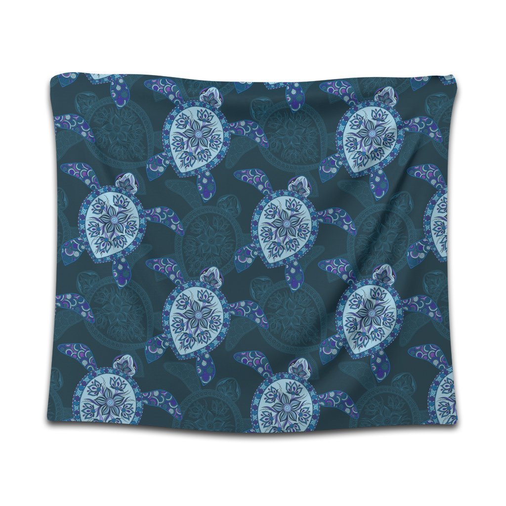 Hawaii Turtle Plumeria Blue Tapestry - AH Wall Tapestry Black - Polynesian Pride