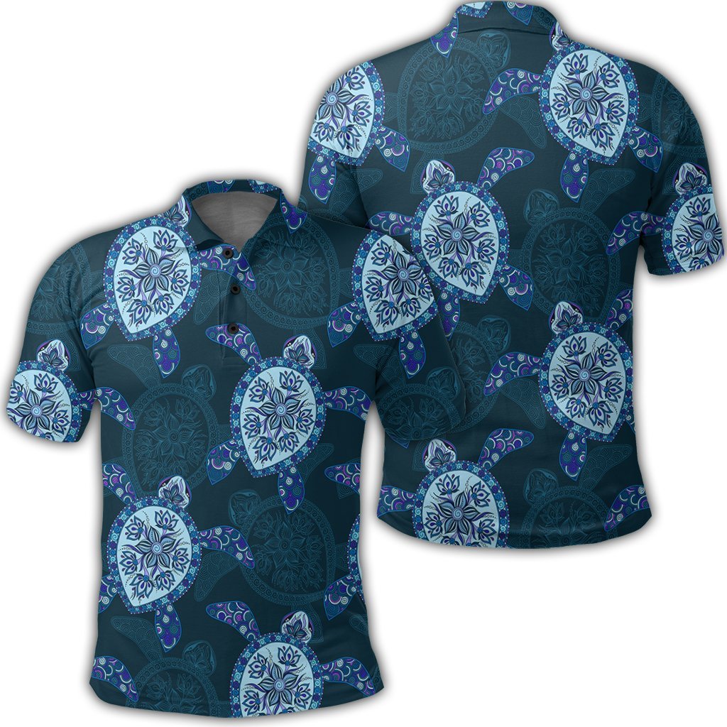 Hawaii Turtle Plumeria Blue Polo Shirt Unisex Black - Polynesian Pride