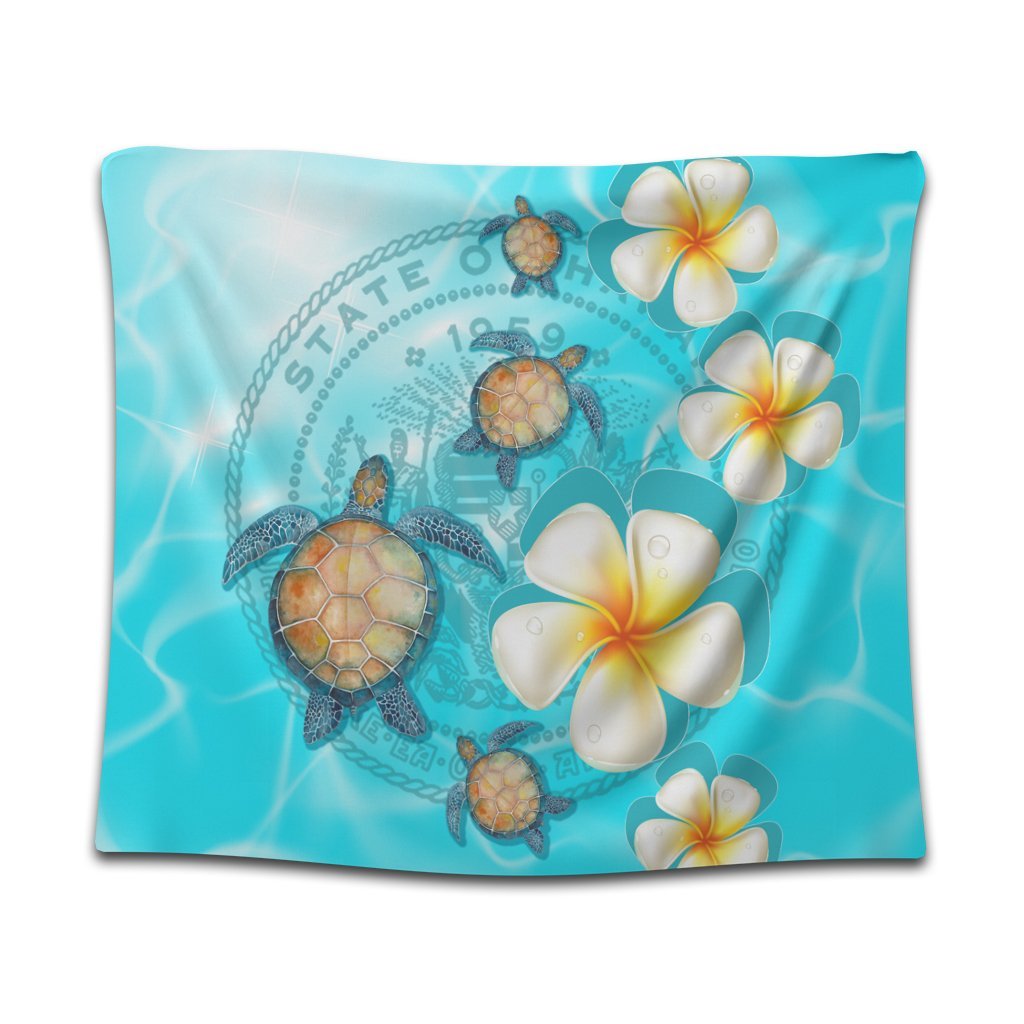 Hawaii Turtle Plumeria Coat Of Arm Ocean Tapestry - AH Wall Tapestry Black - Polynesian Pride