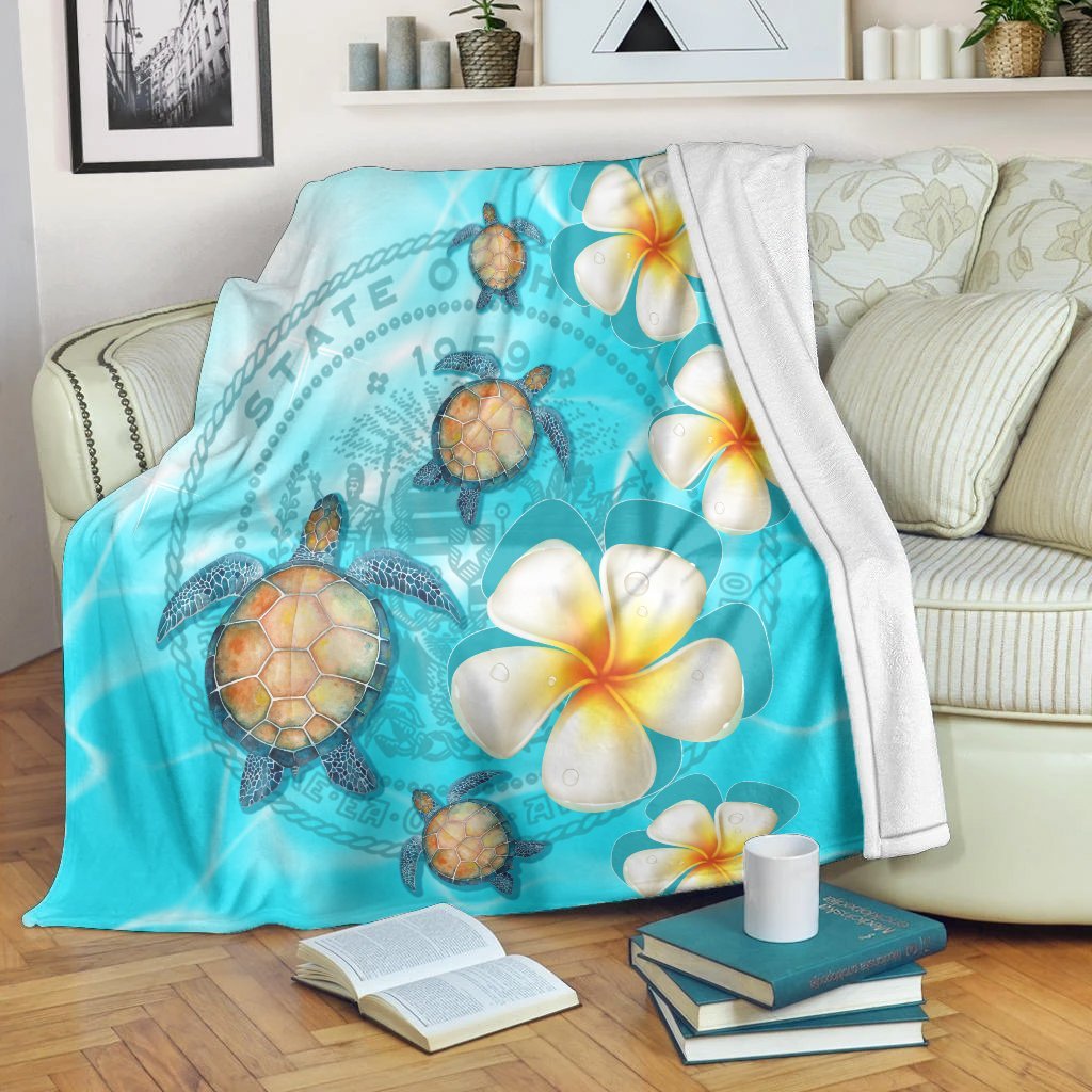 Hawaii Turtle Plumeria Coat Of Arm Ocean Premium Blankets - AH White - Polynesian Pride