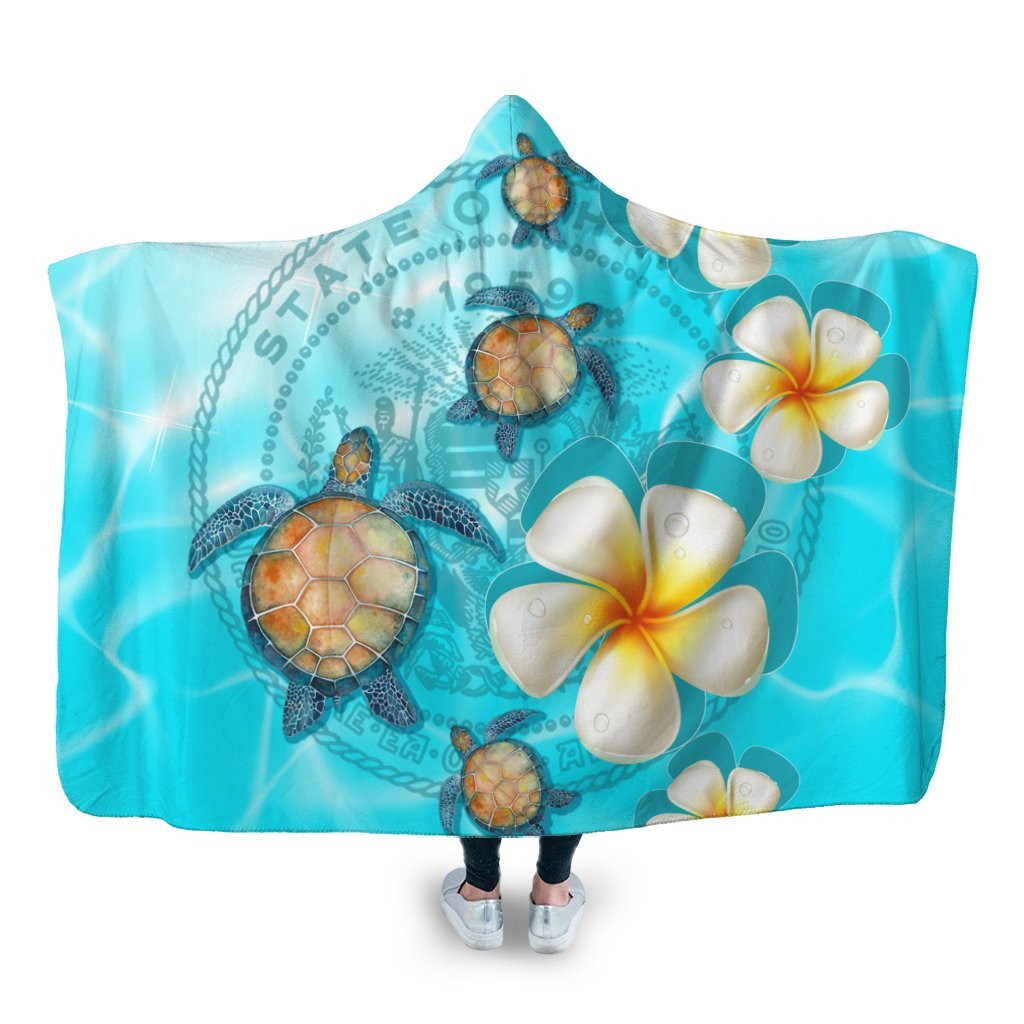 Hawaii Turtle Plumeria Coat Of Arm Ocean Hooded Blanket - AH Hooded Blanket White - Polynesian Pride