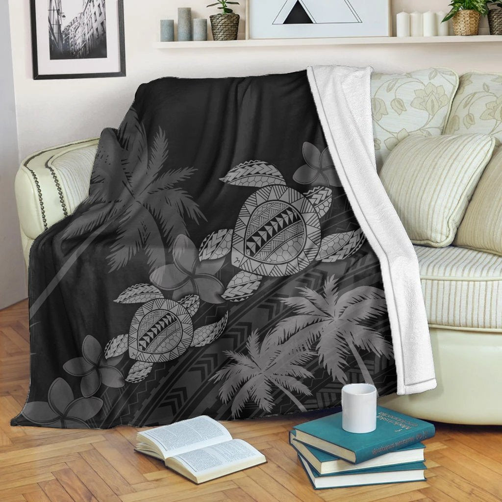 Hawaii Turtle Plumeria Coconut Tree Polynesian Premium Blankets - Gray - AH White - Polynesian Pride