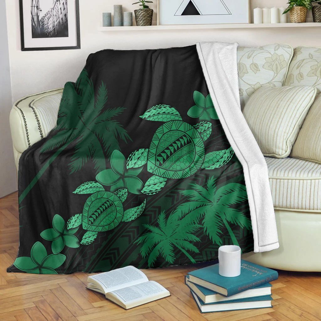 Hawaii Turtle Plumeria Coconut Tree Polynesian Premium Blankets - Green - AH White - Polynesian Pride