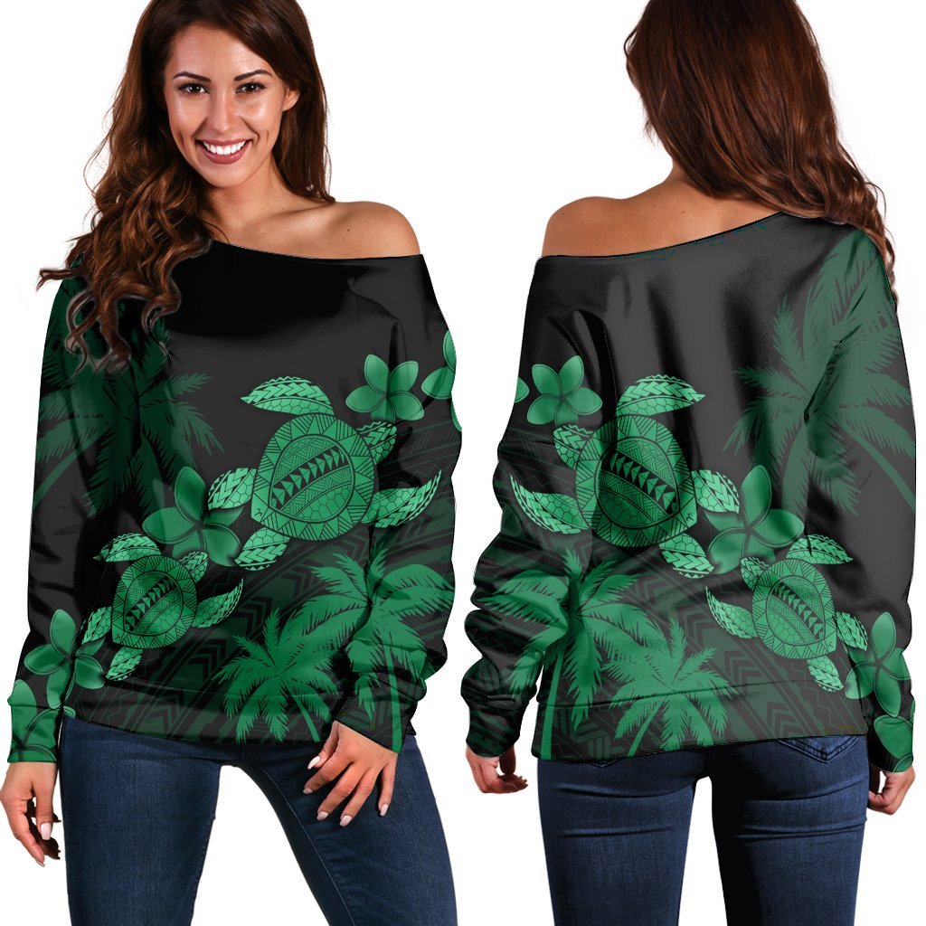 Hawaii Turtle Plumeria Coconut Tree Polynesian Women's Off Shoulder Sweater - Green - AH Black - Polynesian Pride