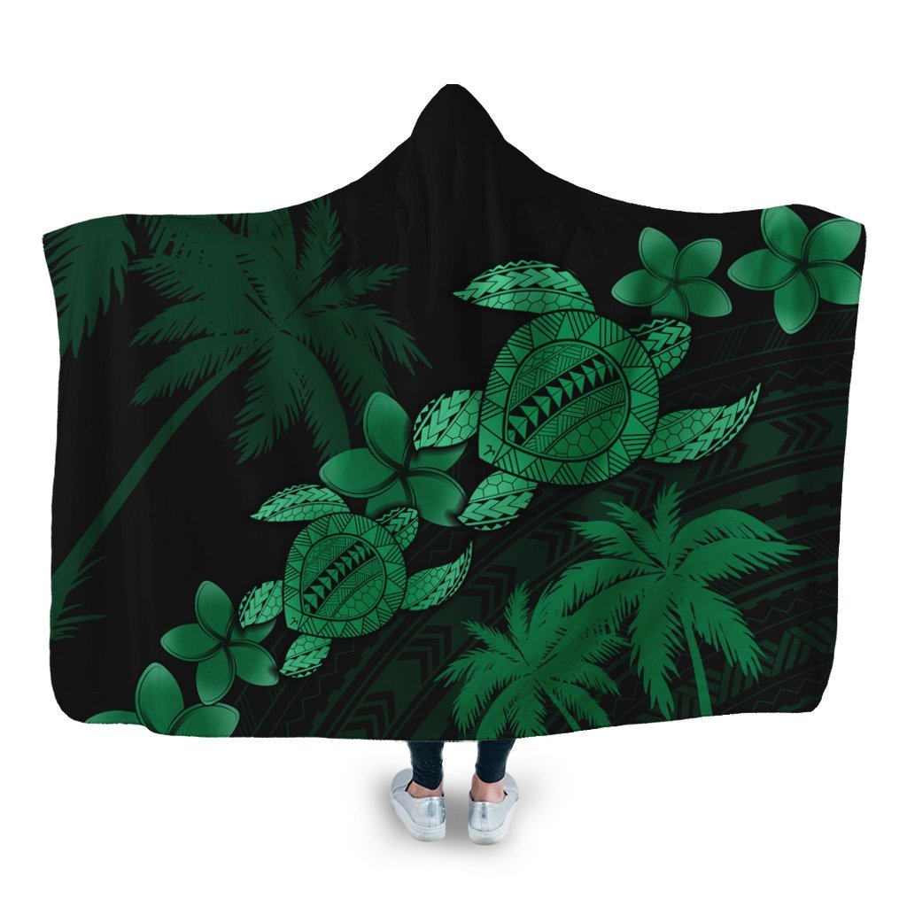 Hawaii Turtle Plumeria Coconut Tree Polynesian Hooded Blanket - Green - AH Hooded Blanket White - Polynesian Pride