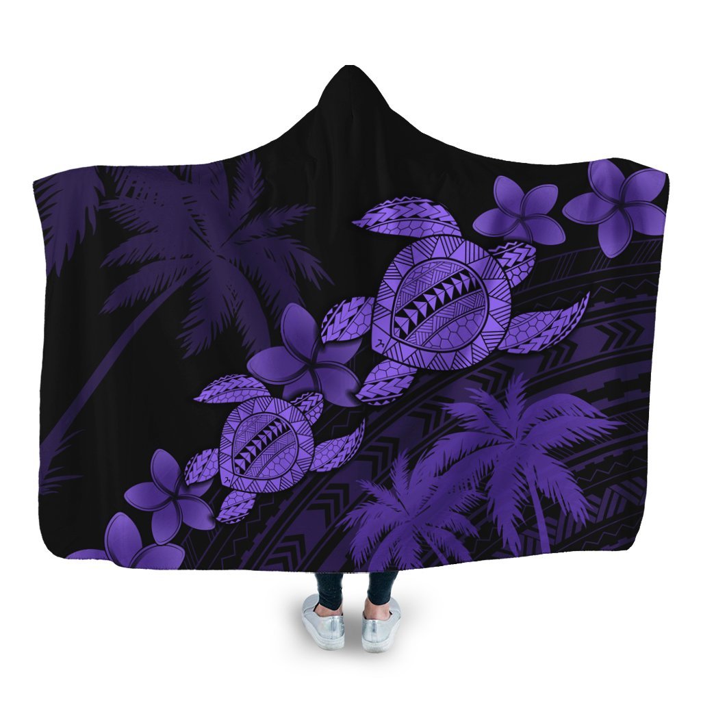 Hawaii Turtle Plumeria Coconut Tree Polynesian Hooded Blanket - Purple - AH Hooded Blanket White - Polynesian Pride