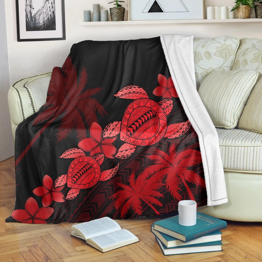 Hawaii Turtle Plumeria Coconut Tree Polynesian Premium Blankets - Red - AH White - Polynesian Pride