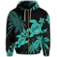 Hawaii Turtle Plumeria Coconut Tree Polynesian Zip Hoodie Turquoise - Polynesian Pride