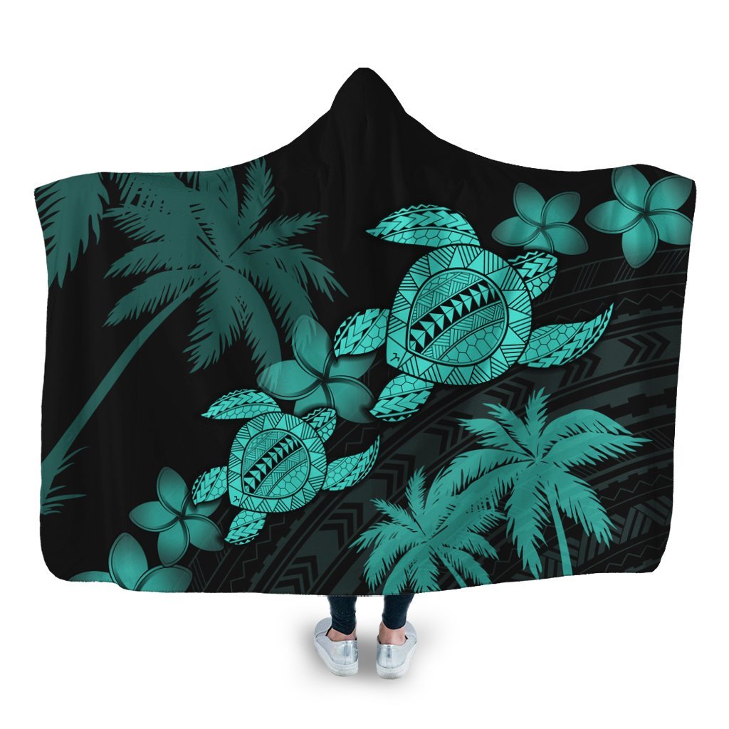 Hawaii Turtle Plumeria Coconut Tree Polynesian Hooded Blanket - Turquoise - AH Hooded Blanket White - Polynesian Pride