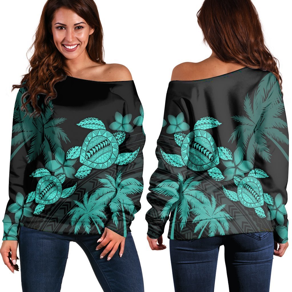 Hawaii Turtle Plumeria Coconut Tree Polynesian Women's Off Shoulder Sweater - Turquoise - AH Black - Polynesian Pride