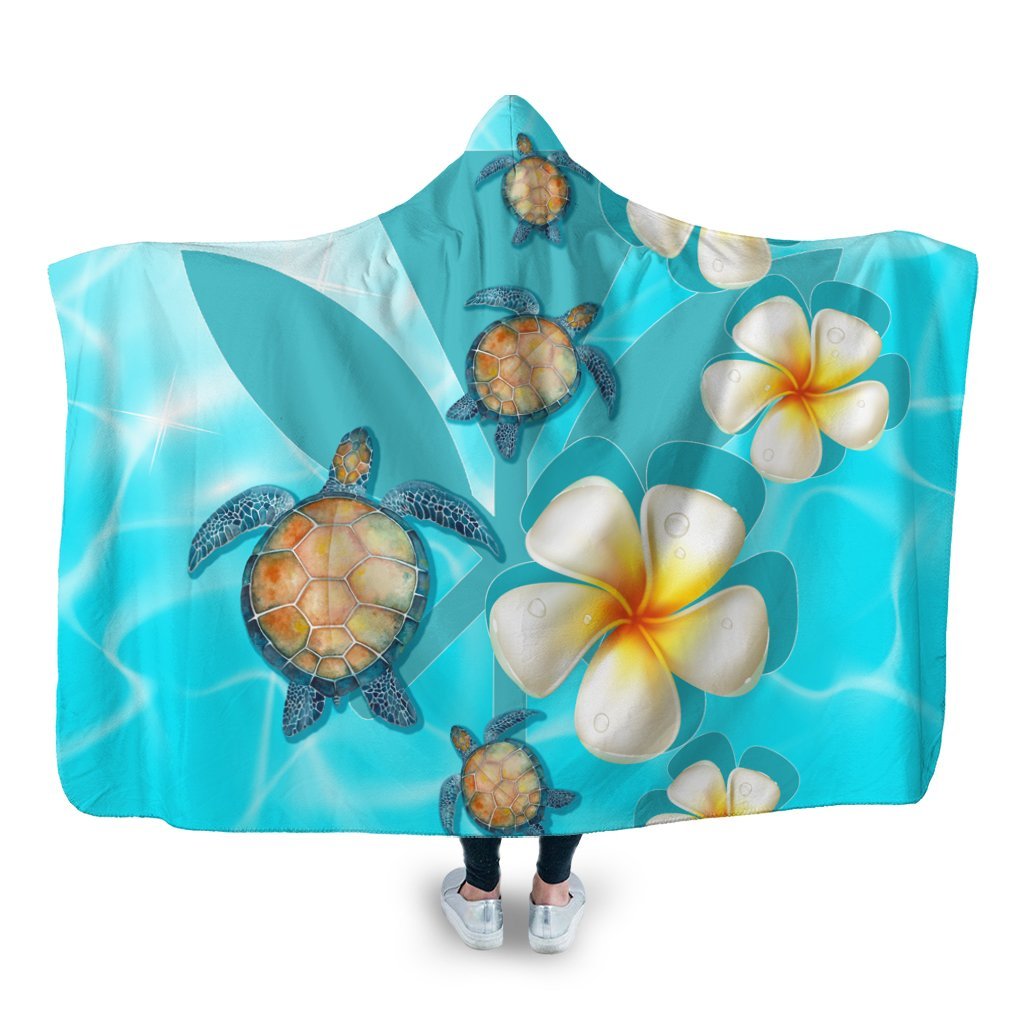 Hawaii Turtle Plumeria Kanaka Ocean Hooded Blanket - AH Hooded Blanket White - Polynesian Pride