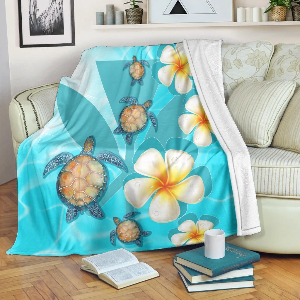 Hawaii Turtle Plumeria Kanaka Ocean Premium Blankets - AH White - Polynesian Pride