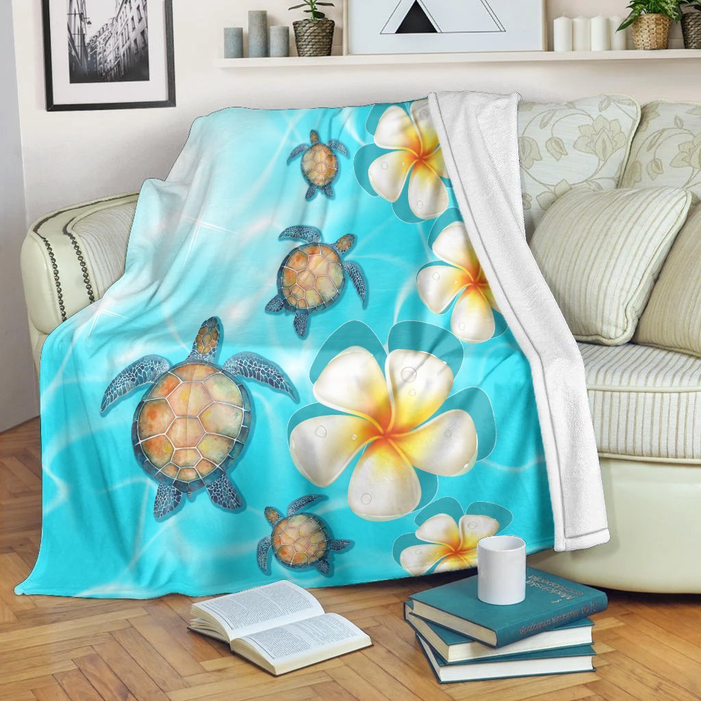 Hawaii Turtle Plumeria Ocean Premium Blankets - AH White - Polynesian Pride