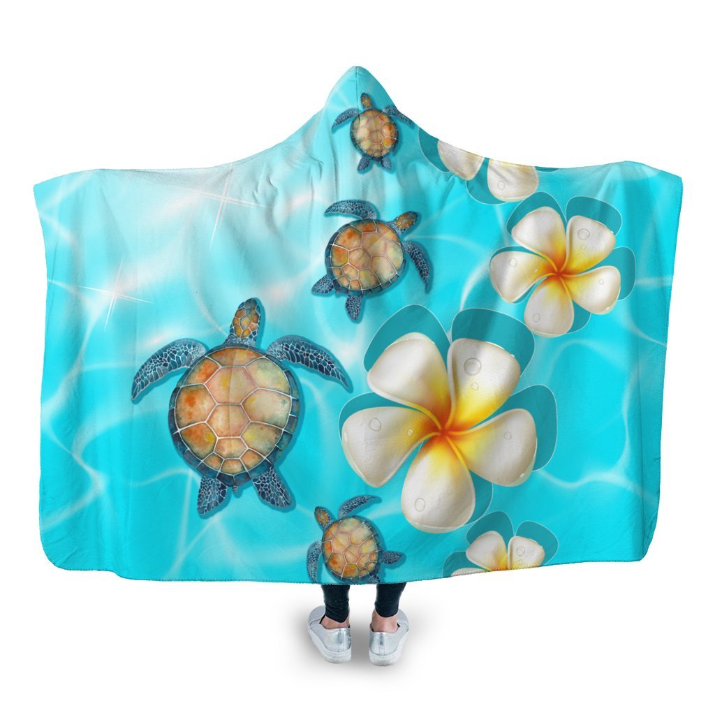 Hawaii Turtle Plumeria Ocean Hooded Blanket - AH Hooded Blanket White - Polynesian Pride